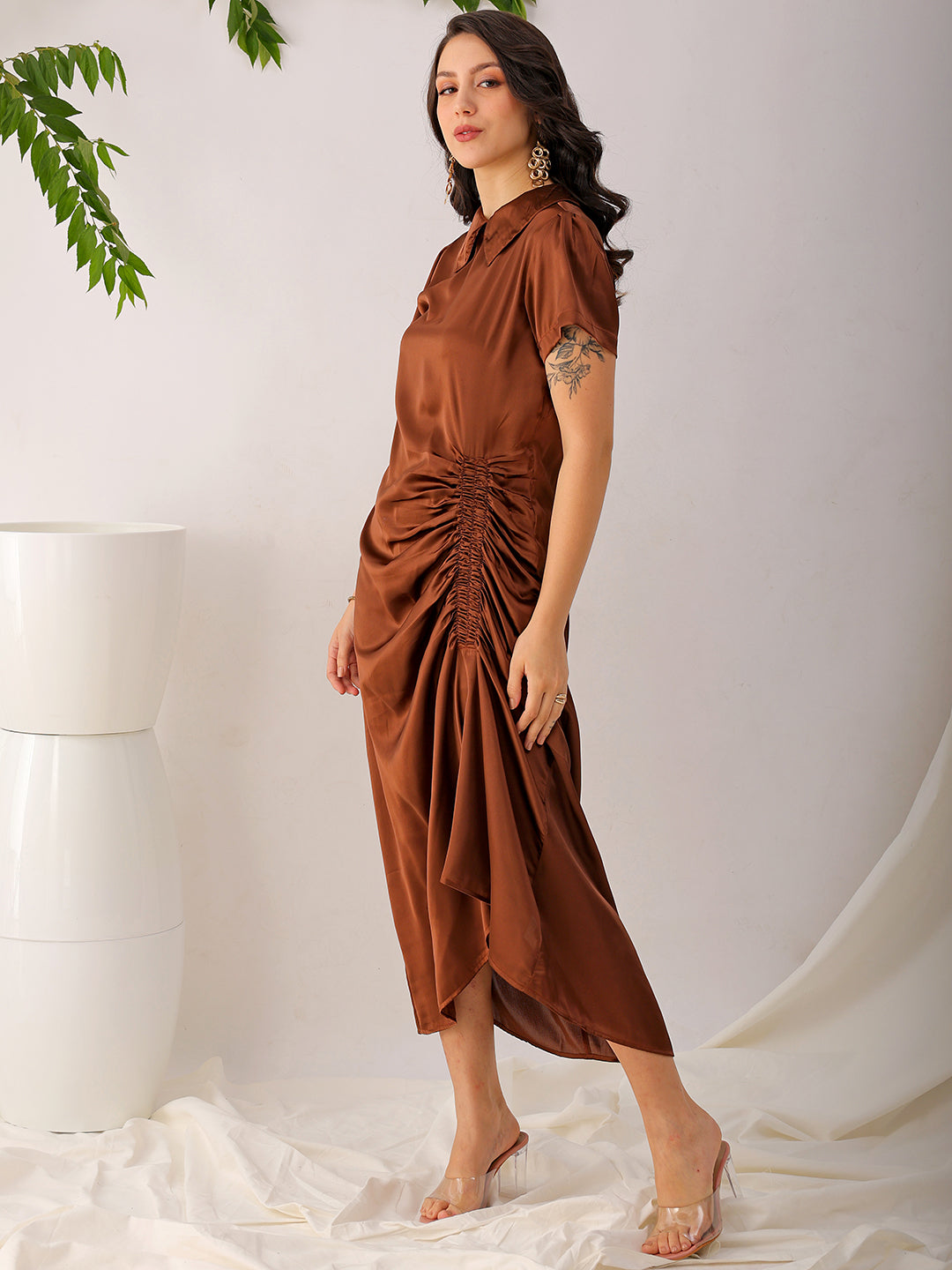 Shop Women's Brown Straight Solid Round Neck Asymmetric Dress Online.