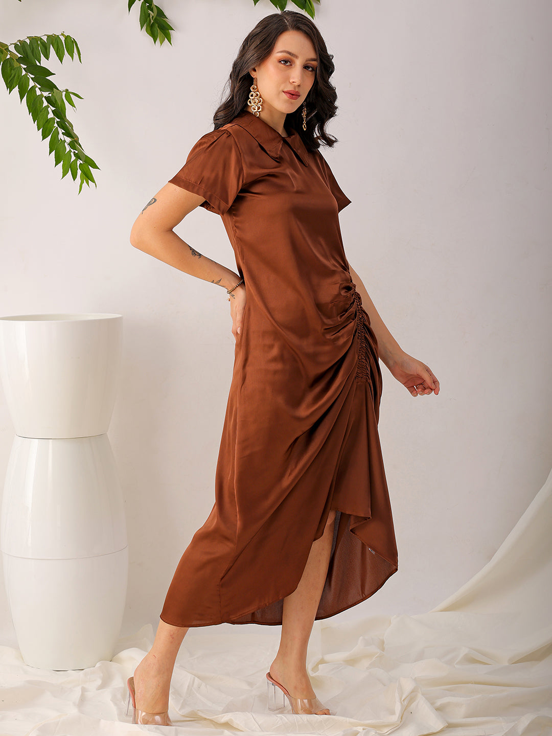 Shop Women's Brown Straight Solid Round Neck Asymmetric Dress Online.