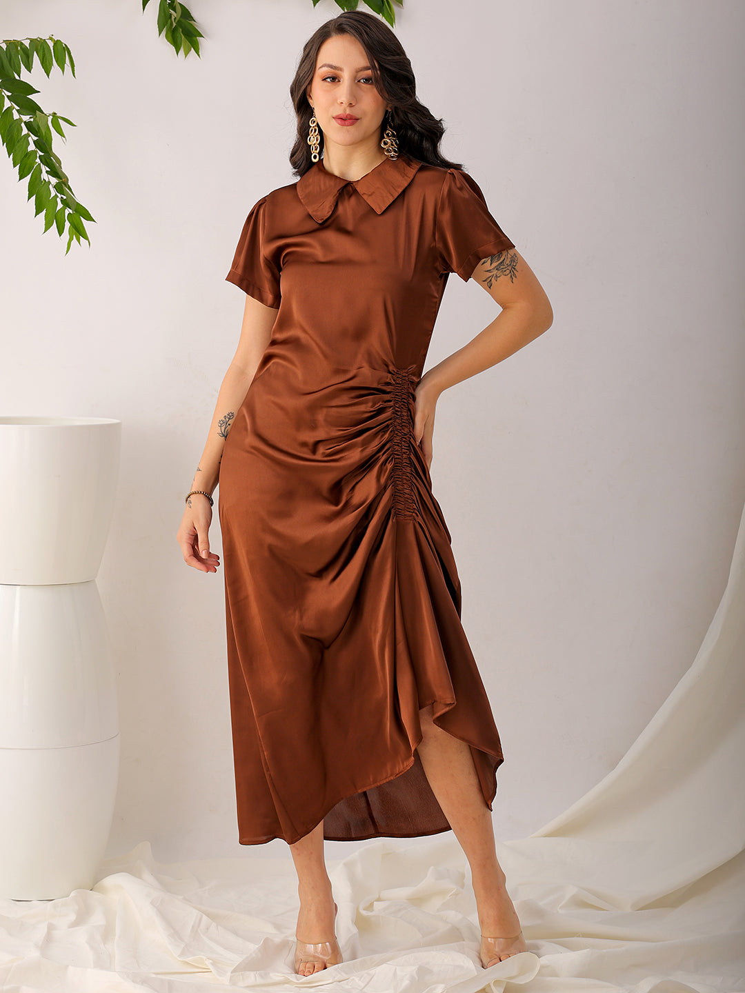 Shop Women's Brown Straight Solid Round Neck Asymmetric Dress Online.