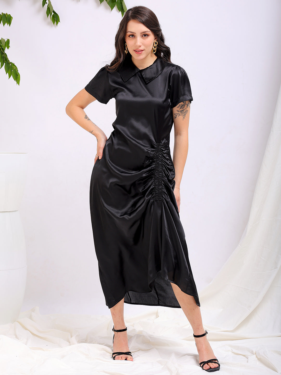 Shop Women's Black Straight Solid Round Neck Asymmetric Dress Online.