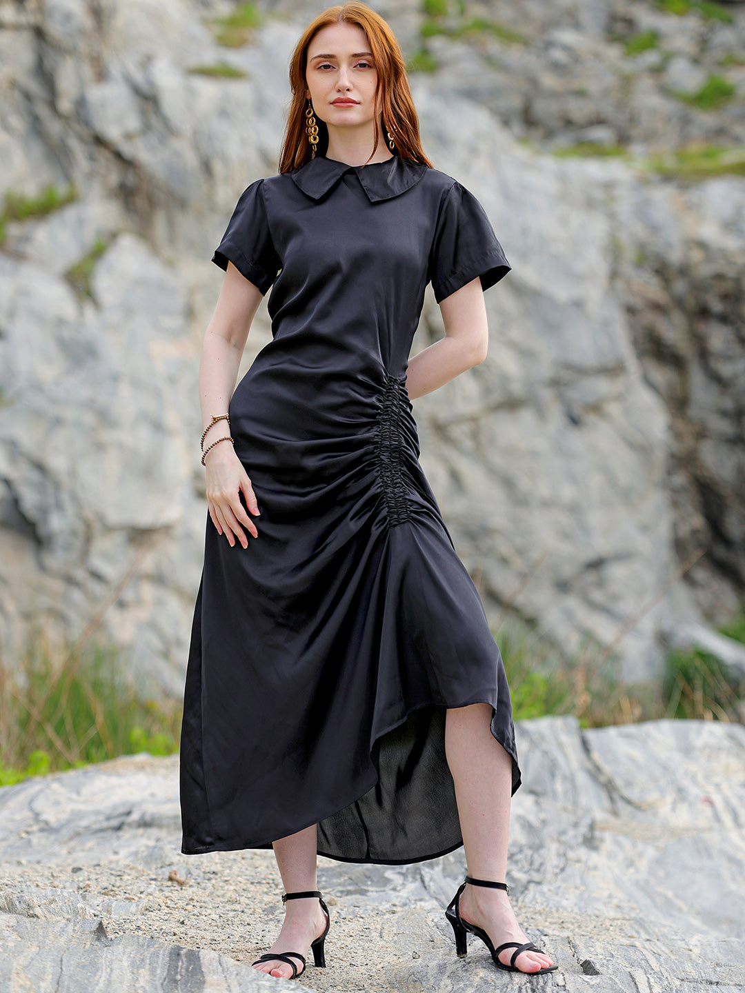 Shop Women's Black Straight Solid Round Neck Asymmetric Dress Online.