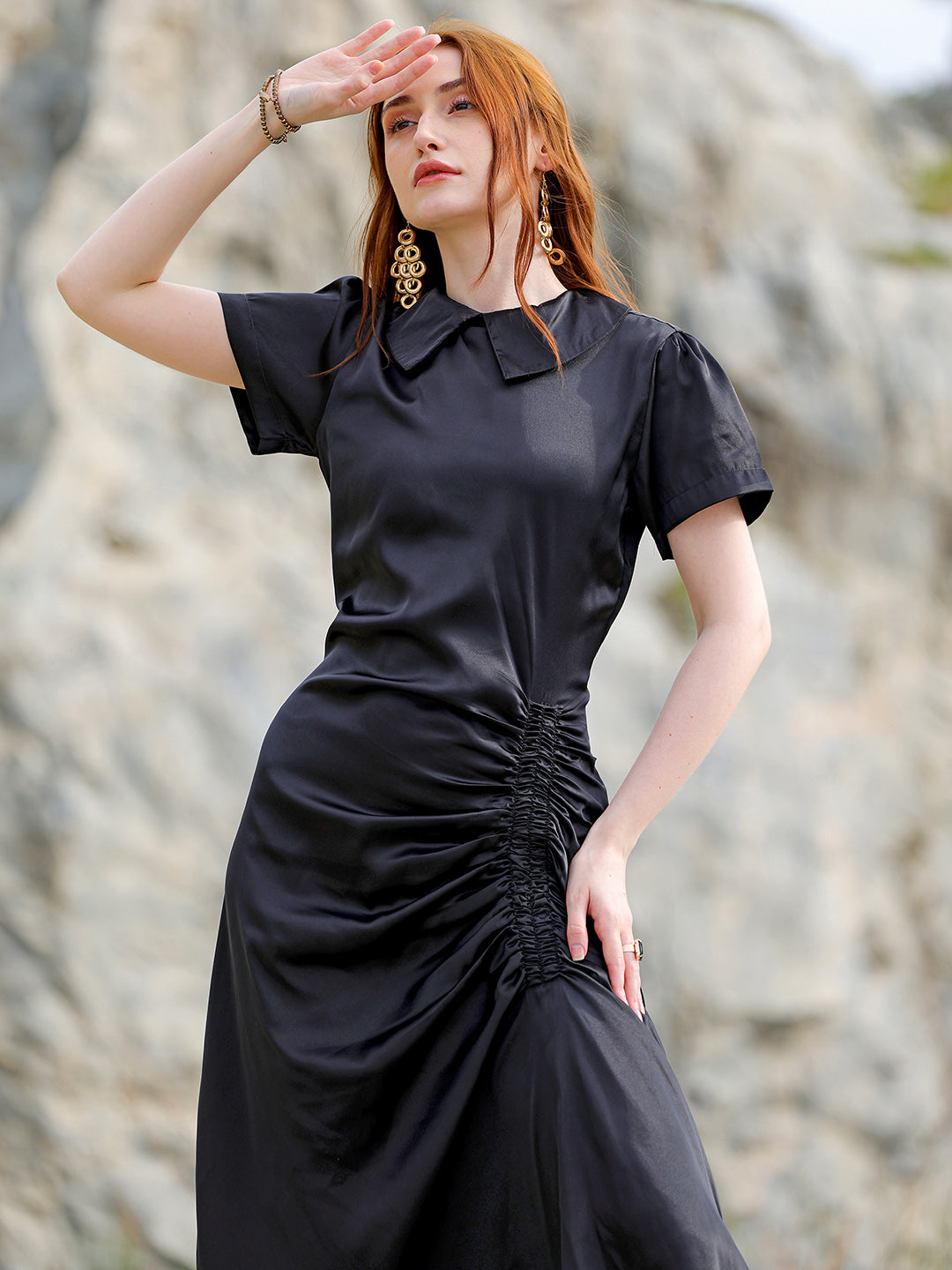 Shop Women's Black Straight Solid Round Neck Asymmetric Dress Online.