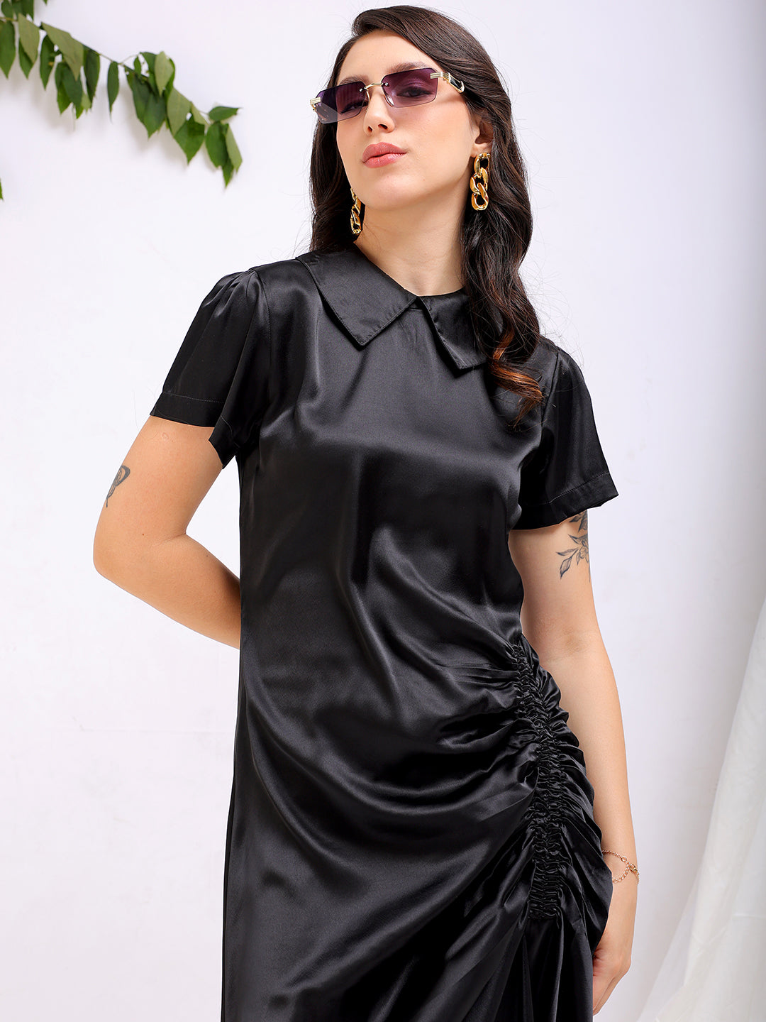 Shop Women's Black Straight Solid Round Neck Asymmetric Dress Online.