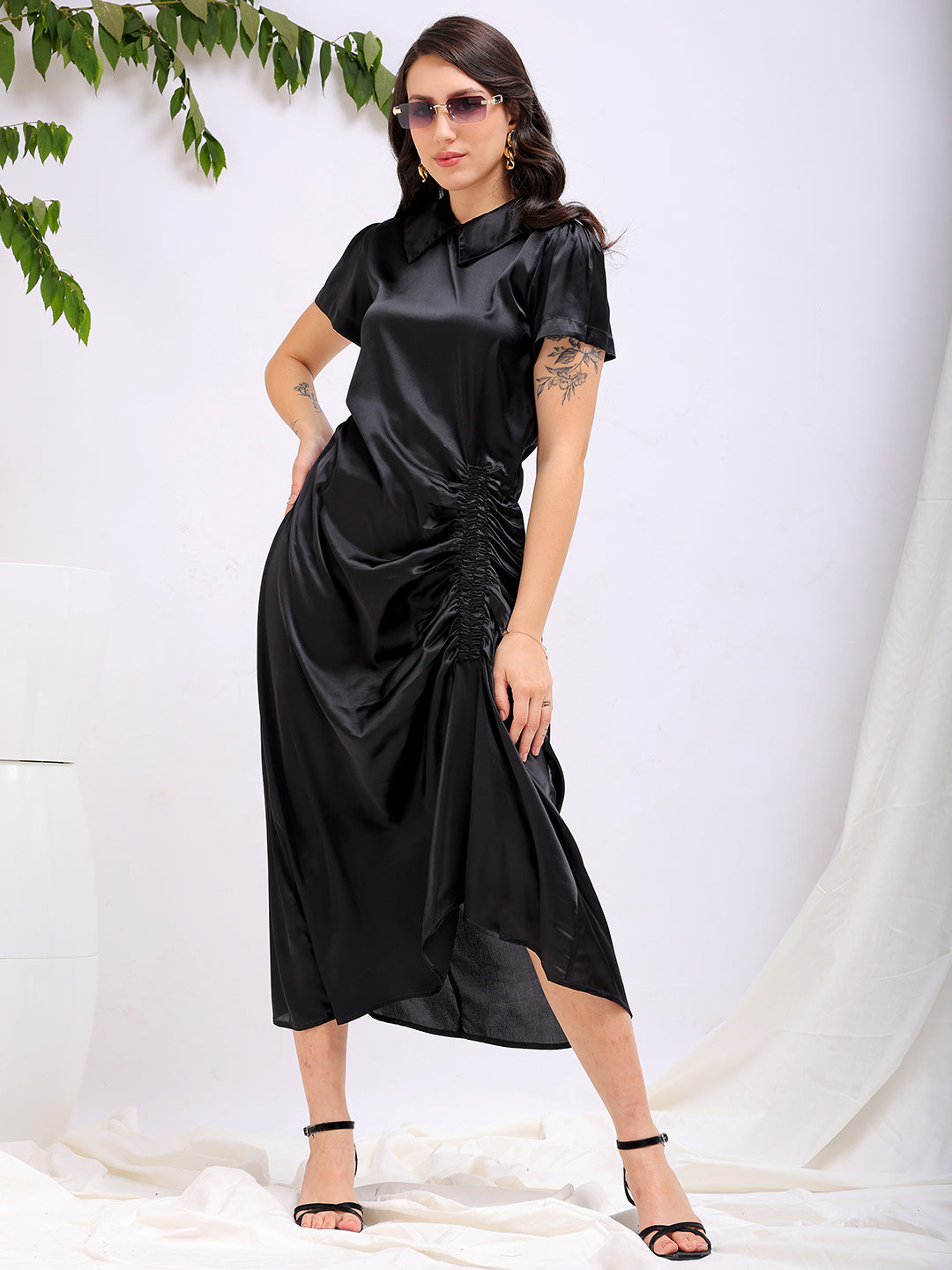 Shop Women's Black Straight Solid Round Neck Asymmetric Dress Online.