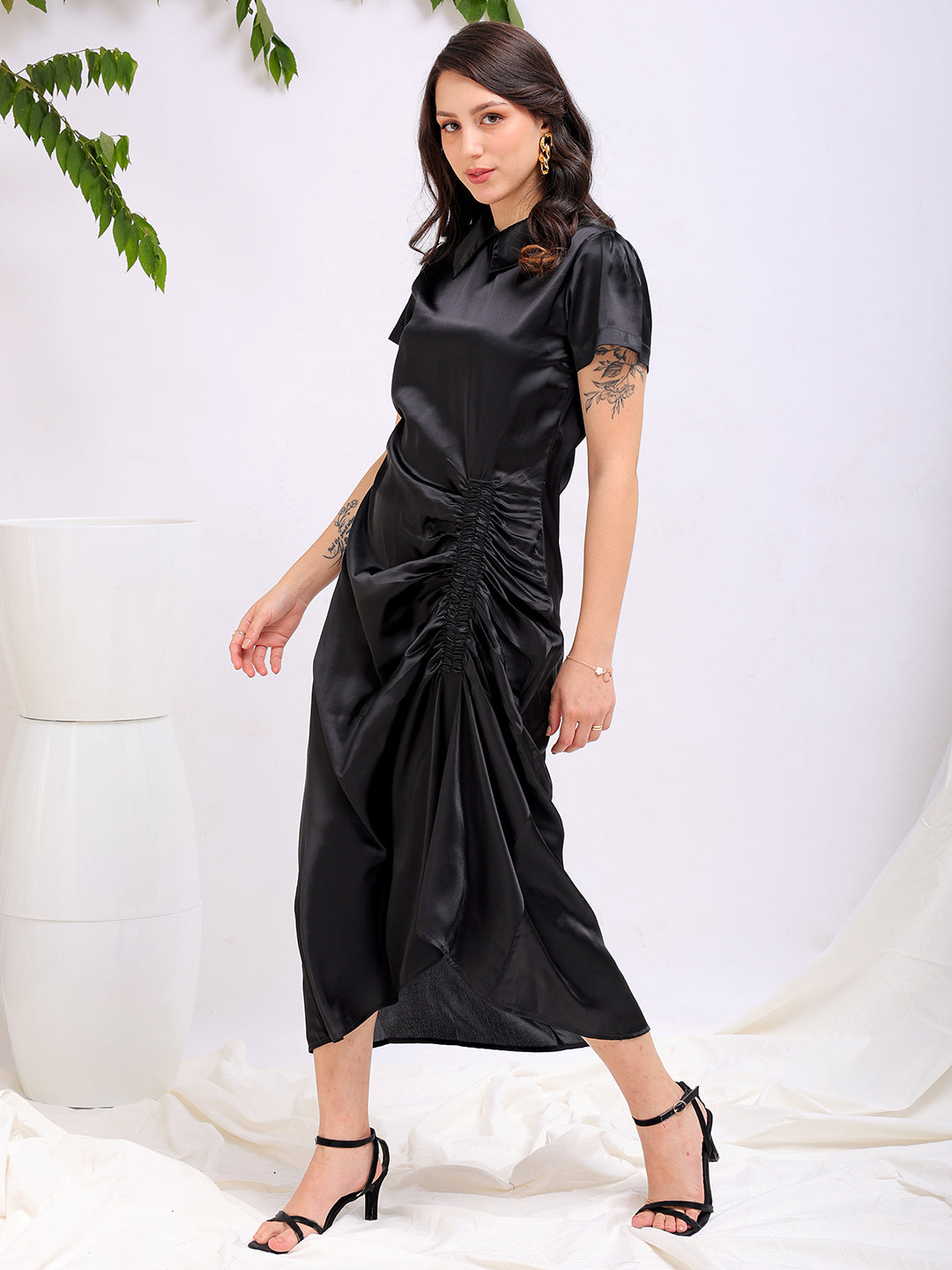 Shop Women's Black Straight Solid Round Neck Asymmetric Dress Online.