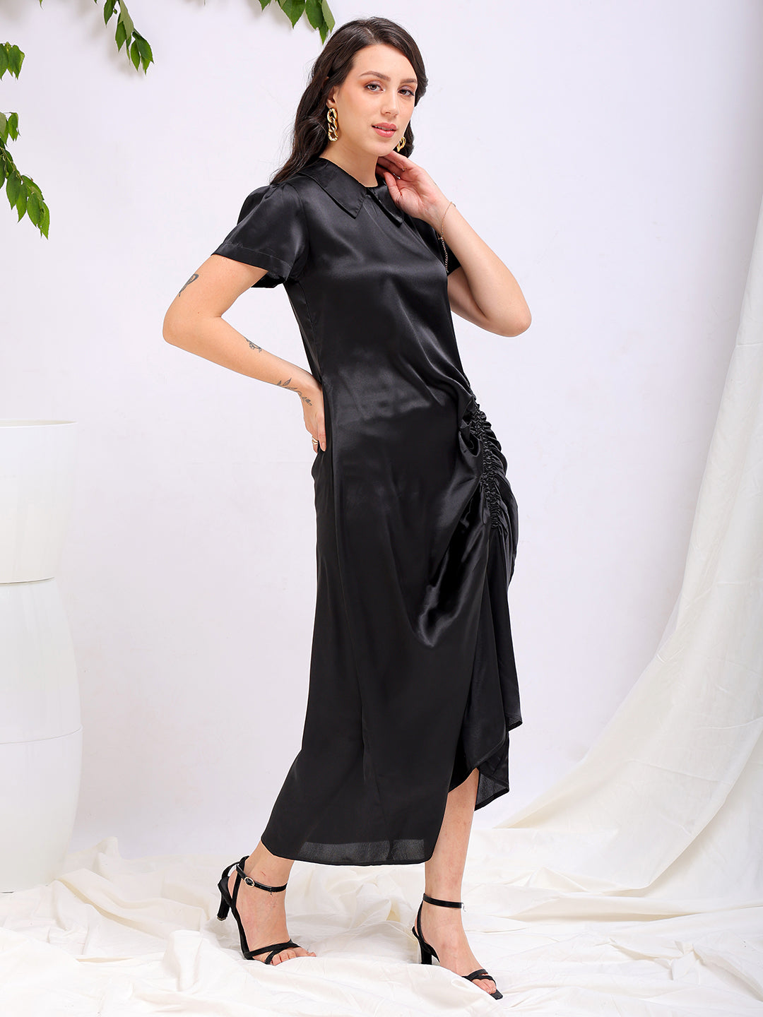 Shop Women's Black Straight Solid Round Neck Asymmetric Dress Online.