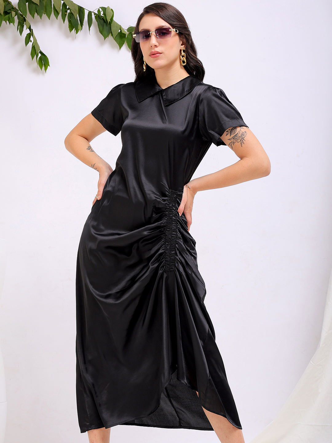 Shop Women's Black Straight Solid Round Neck Asymmetric Dress Online.