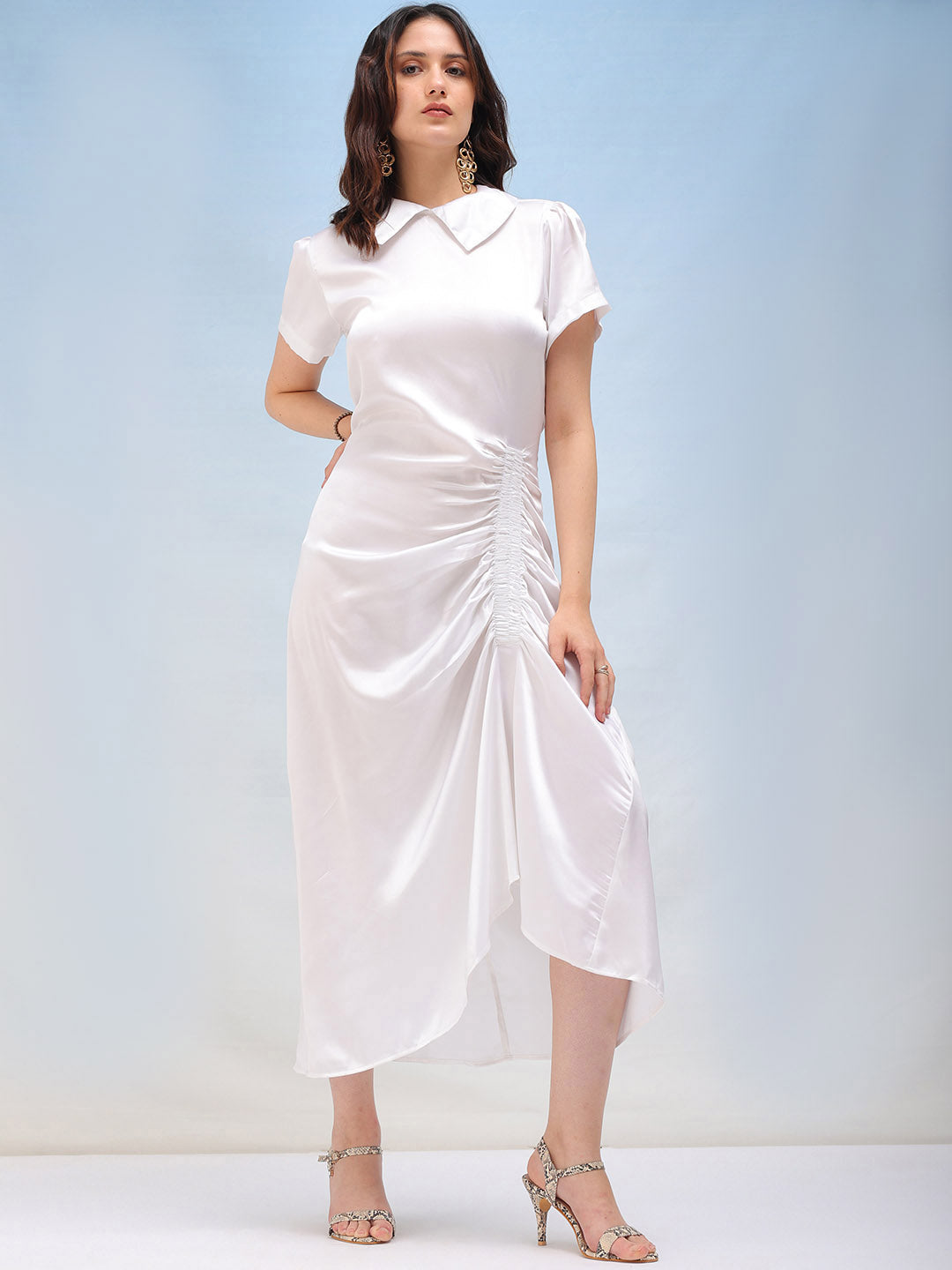 Shop Women's Solid Satin Ruched Asymmetric Dress Online.