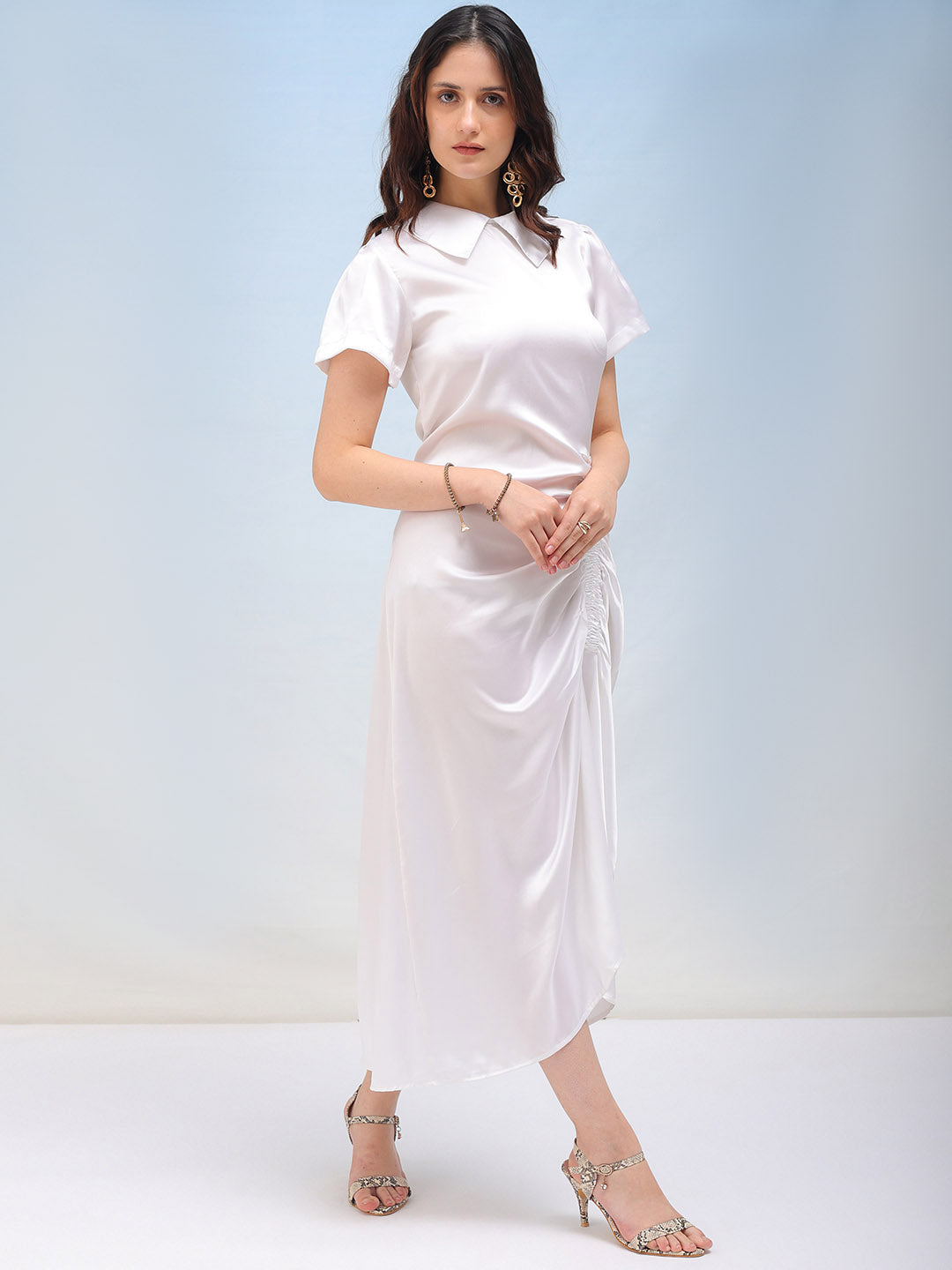 Shop Women's Solid Satin Ruched Asymmetric Dress Online.