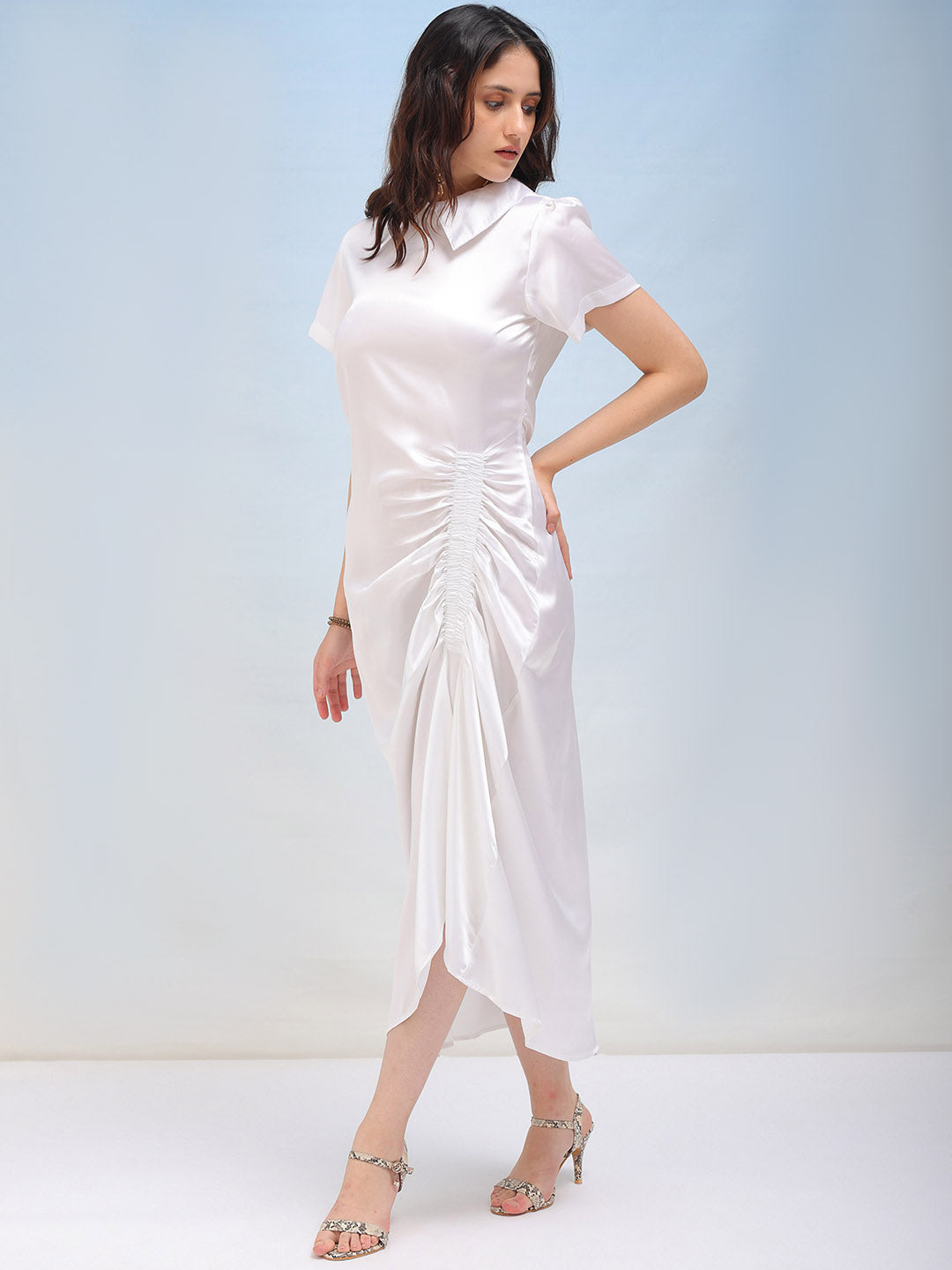 Shop Women's Solid Satin Ruched Asymmetric Dress Online.