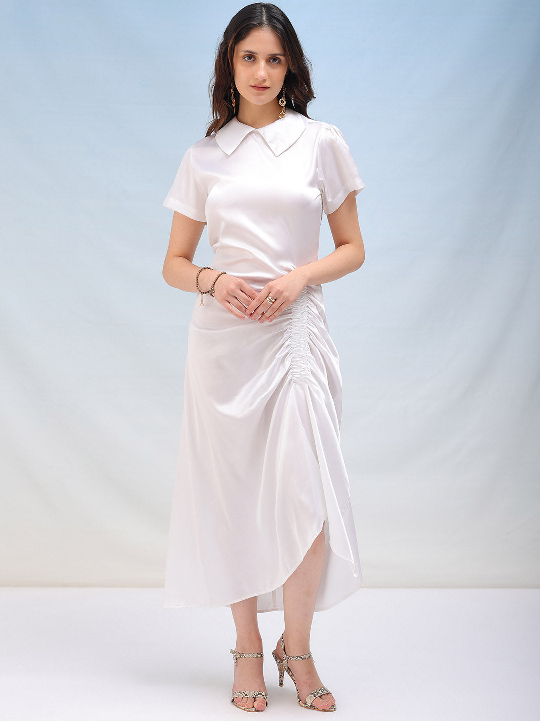 Shop Women's Solid Satin Ruched Asymmetric Dress Online.