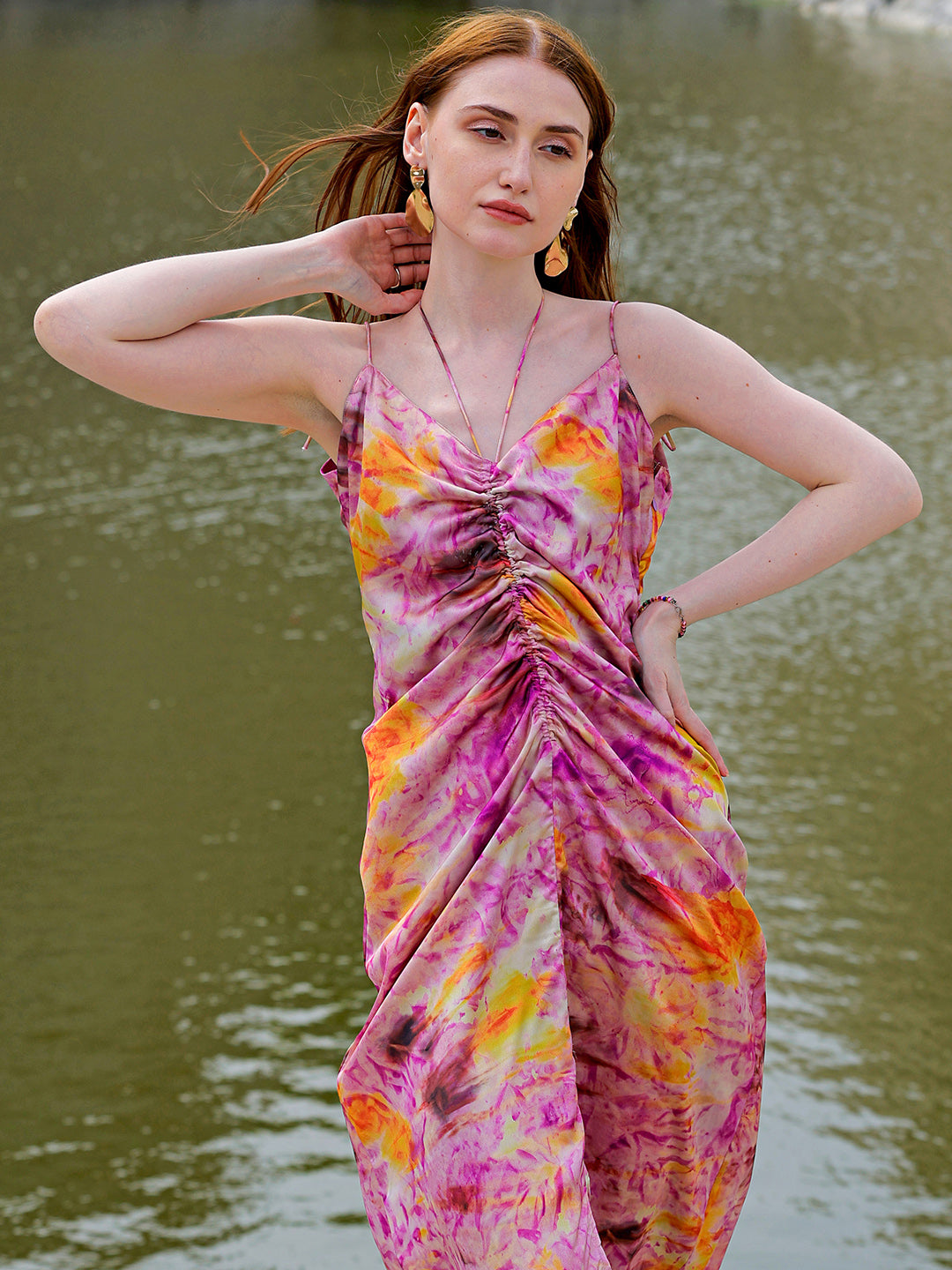 Shop Women's Purple Regular Abstract V neck Ruched Dress Online.