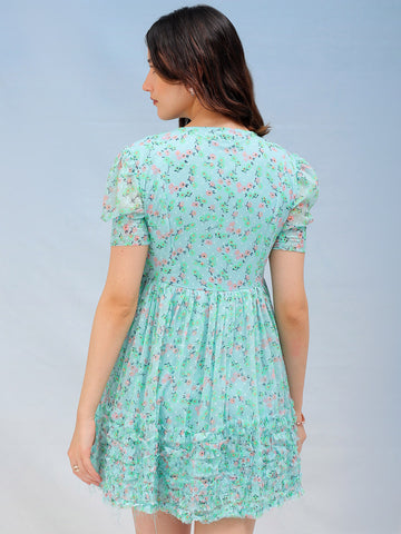 Women's Blue Fit and Flare Ditsy Printed Ruffle Dress