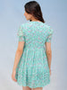 Women's Blue Fit and Flare Ditsy Printed Ruffle Dress