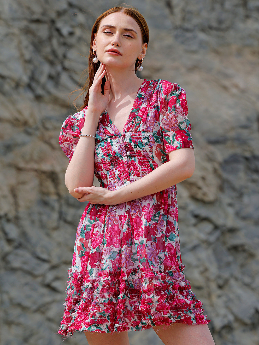 Shop Women's White Fit And Flare Floral V neck Ruffle Dress Online.