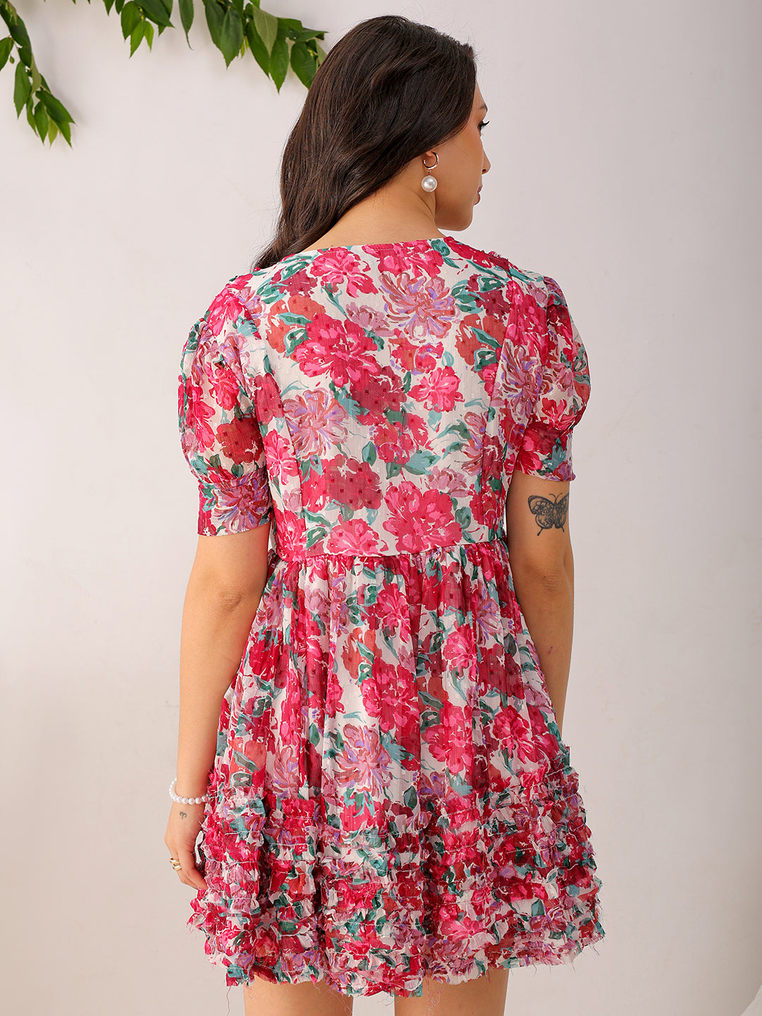 Shop Women's White Fit And Flare Floral V neck Ruffle Dress Online.