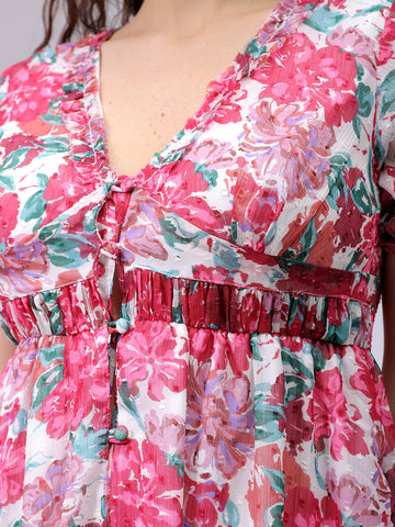 Women's Floral Mid Thigh V neck Ruffle Dress