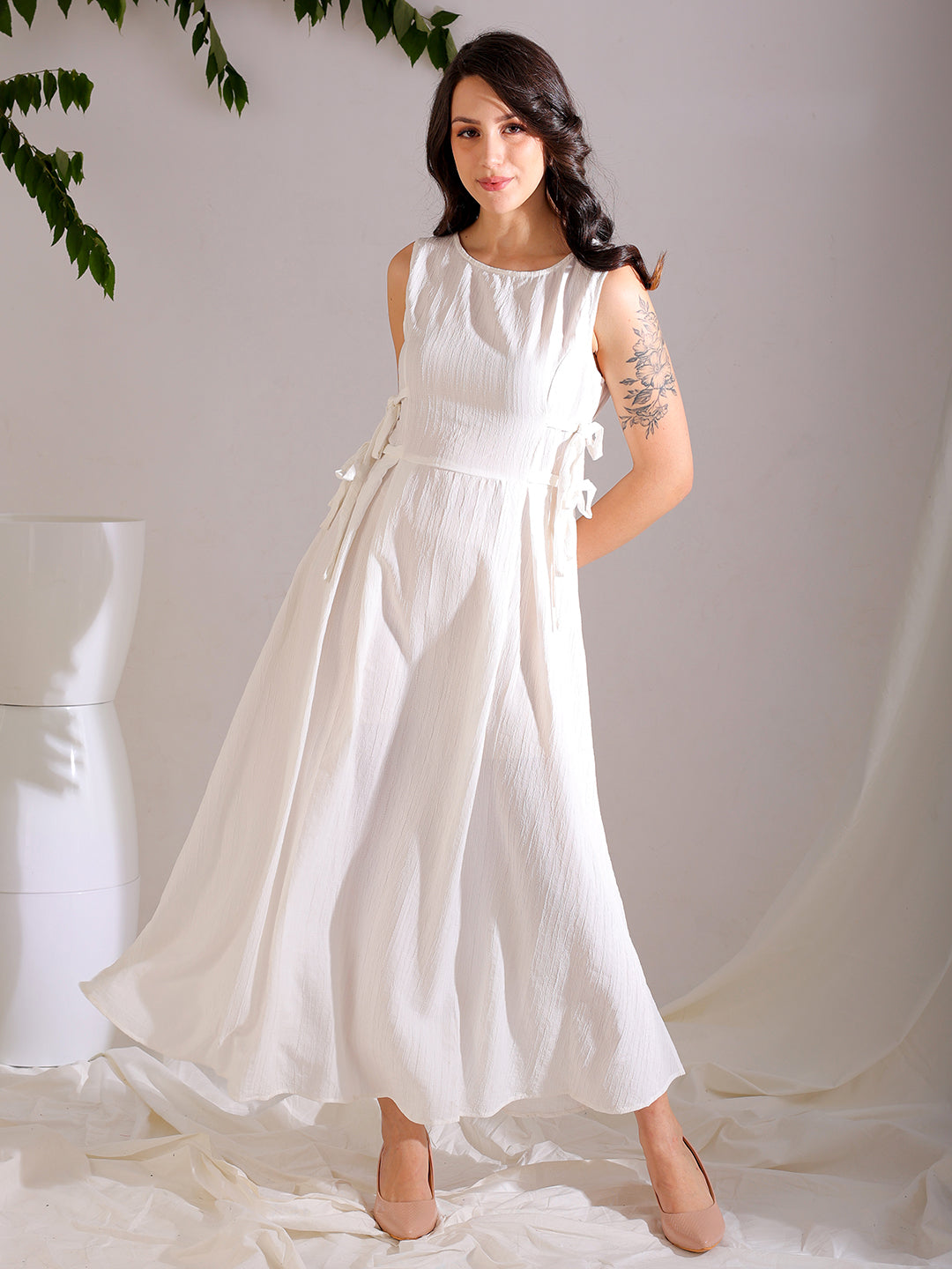 Shop Women's White Flare Textured Round Neck Midi Dress Online.