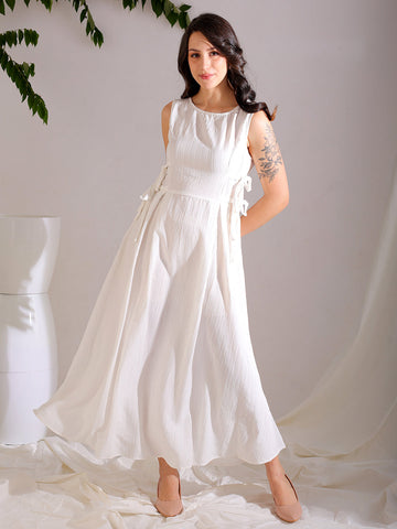 Shop Women's White Flare Textured Round Neck Midi Dress Online.