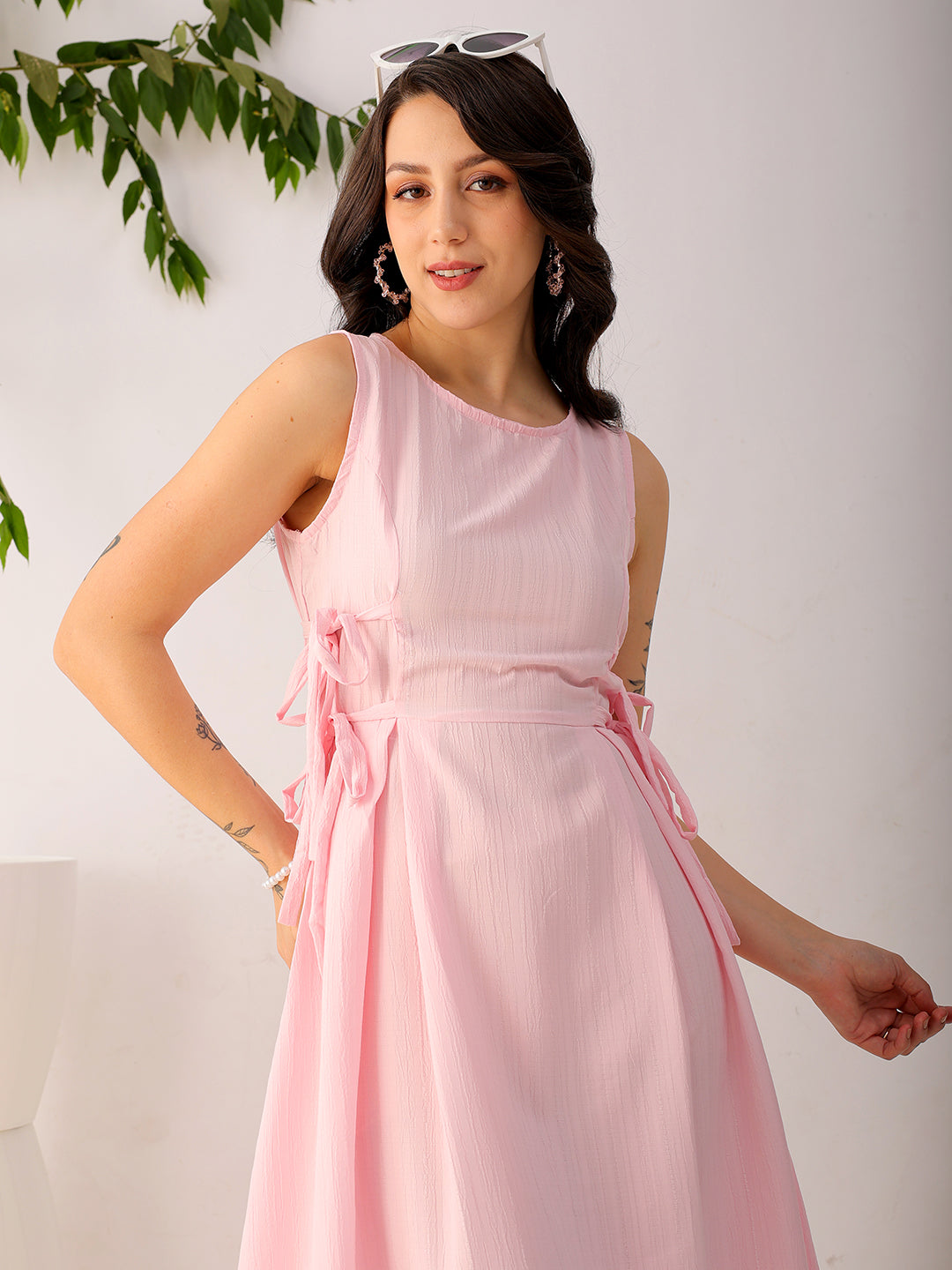 Shop Women's Pink Flare Textured Round Neck Midi Dress Online.