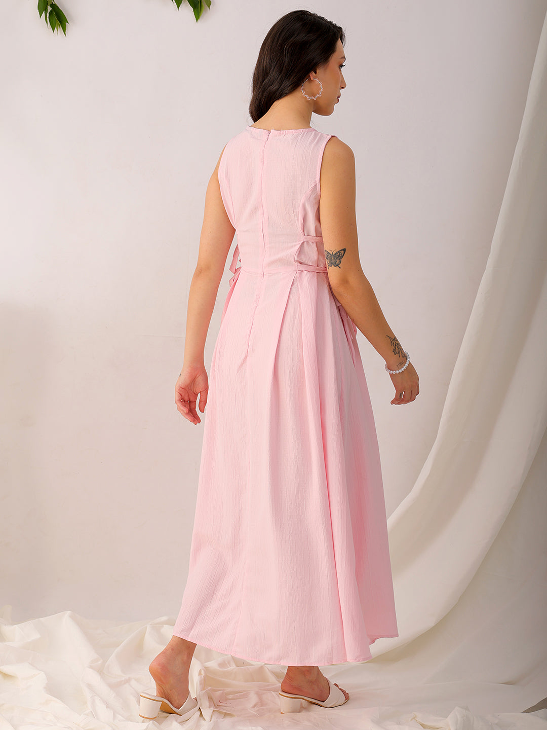 Shop Women's Pink Flare Textured Round Neck Midi Dress Online.