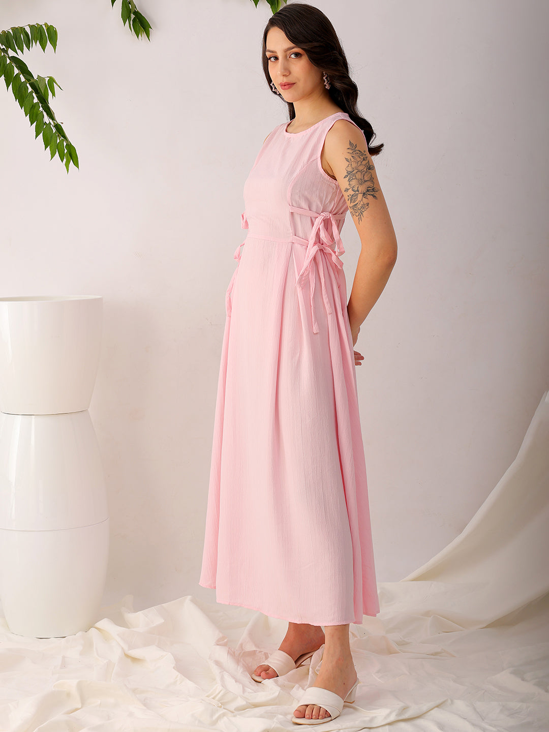 Shop Women's Pink Flare Textured Round Neck Midi Dress Online.