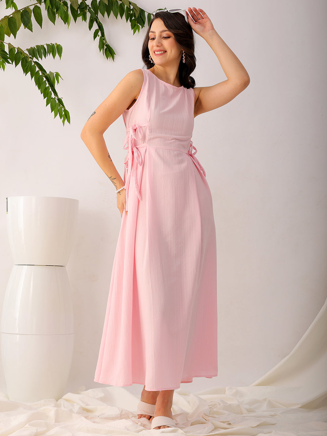 Shop Women's Pink Flare Textured Round Neck Midi Dress Online.