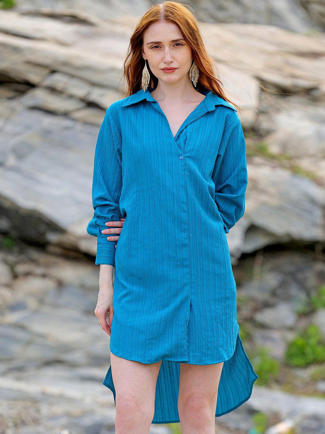 Shop Women's Teal Straight Textured NA Asymmetric Dress Online.