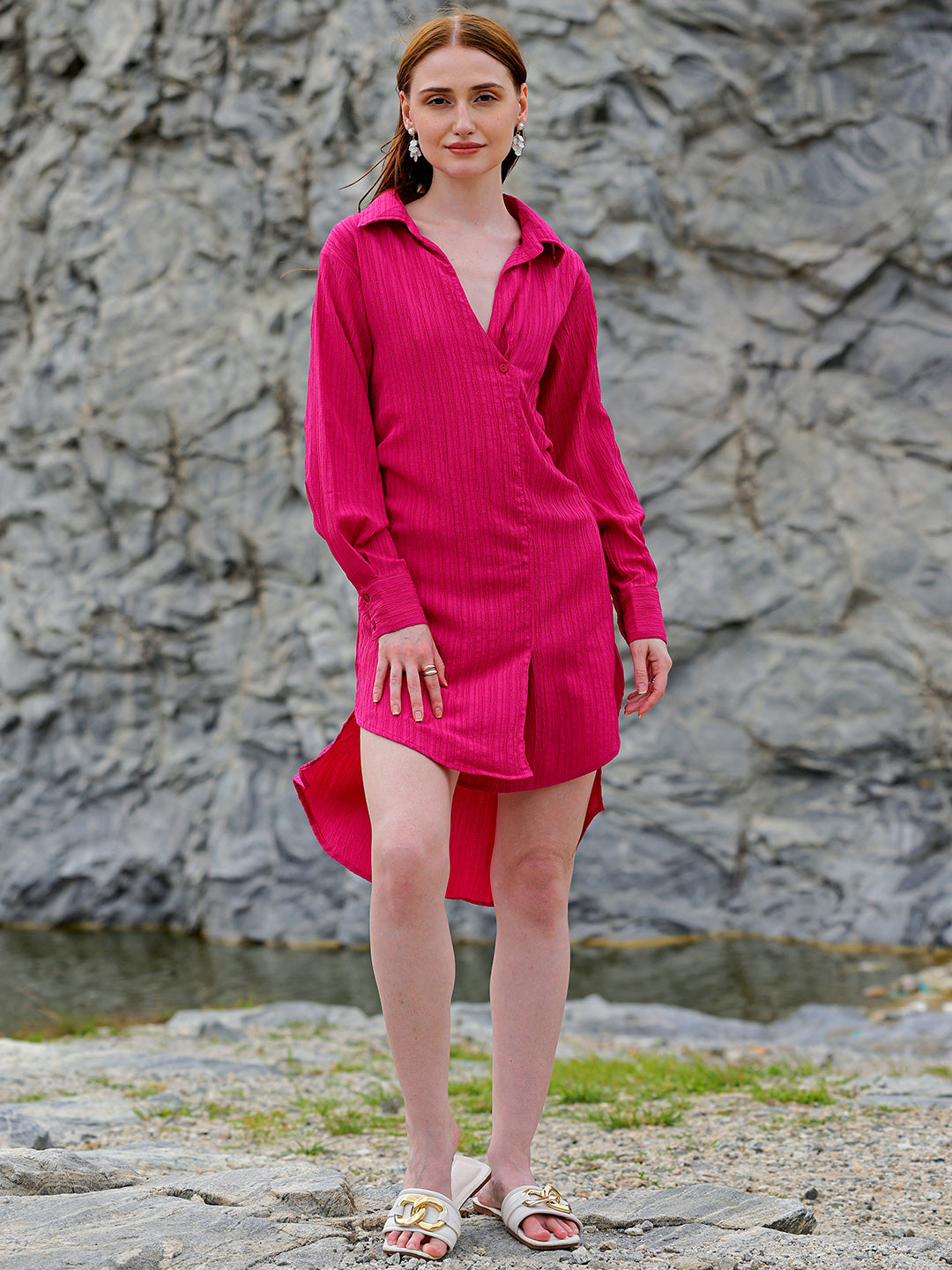 Shop Women's Pink Straight Textured NA Asymmetric Dress Online.