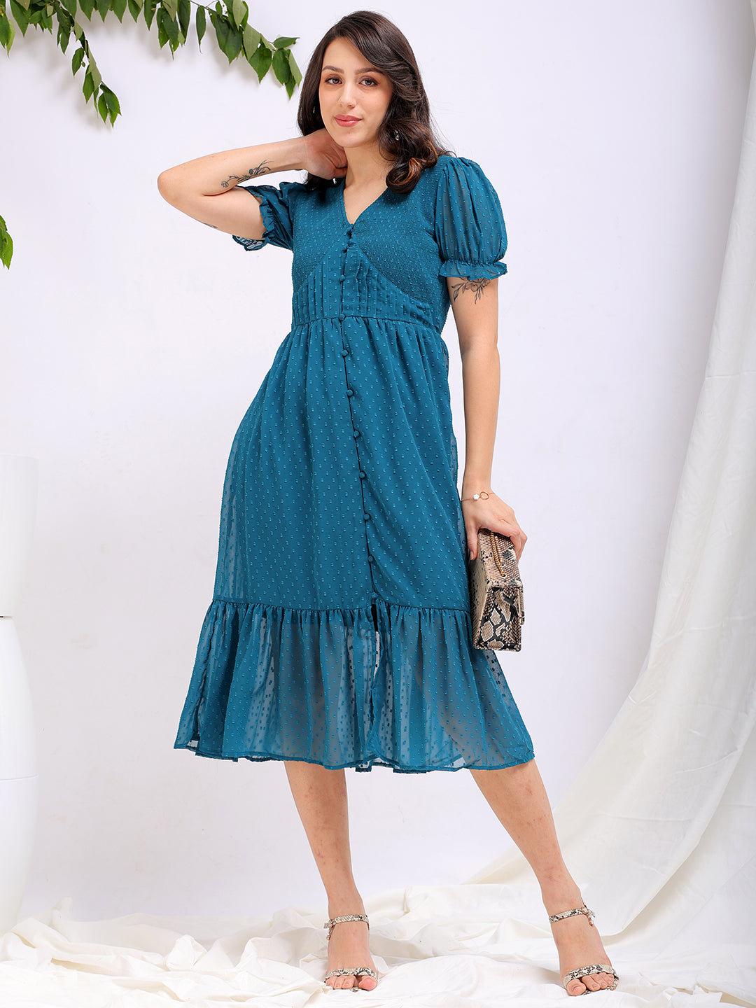 Shop Women's Teal Fit and Flare Textured V neck Tiered Dress Online.