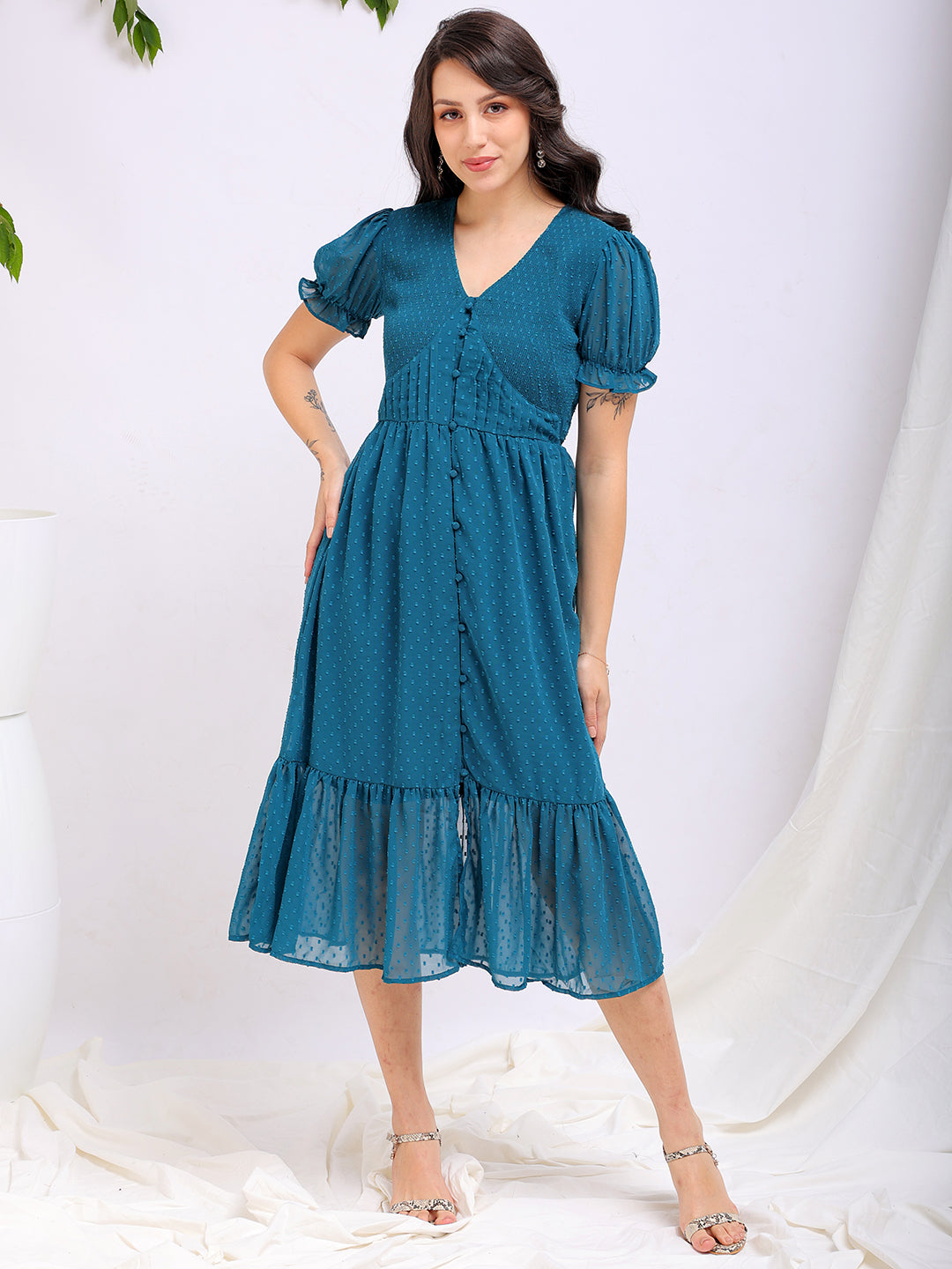 Shop Women's Teal Fit and Flare Textured V neck Tiered Dress Online.