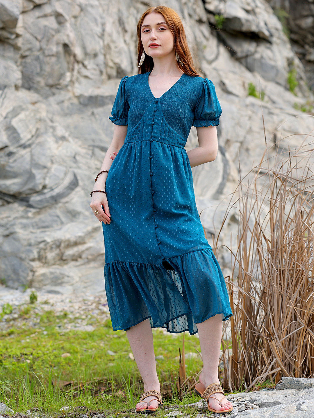 Shop Women's Teal Fit and Flare Textured V neck Tiered Dress Online.