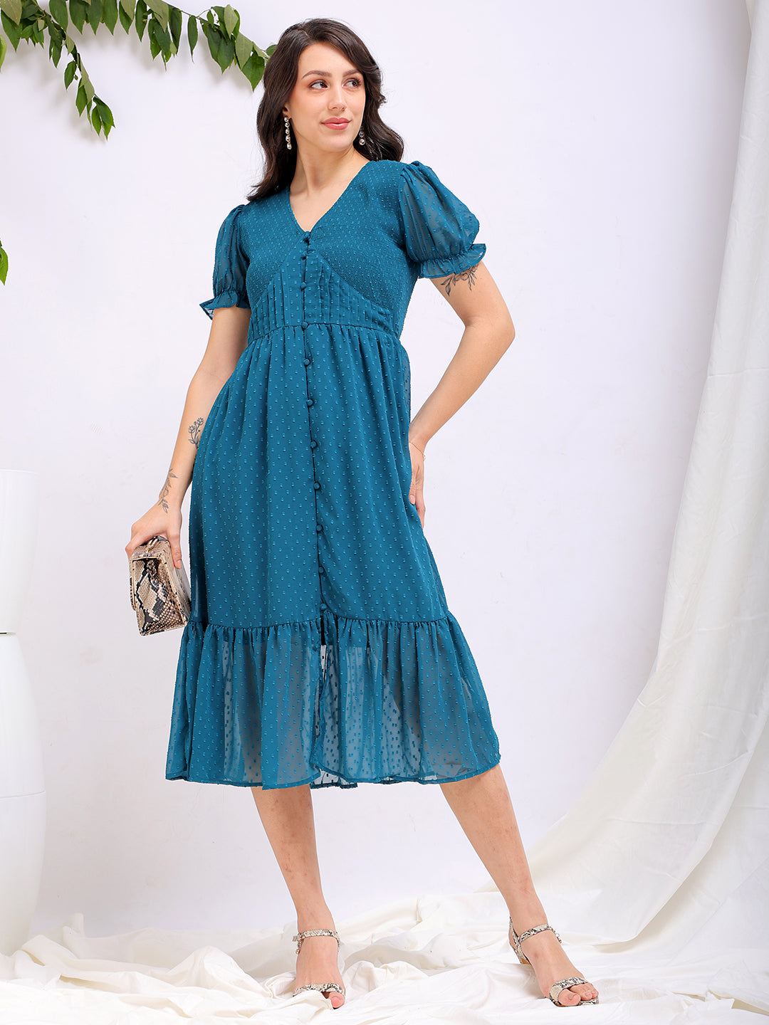 Shop Women's Teal Fit and Flare Textured V neck Tiered Dress Online.