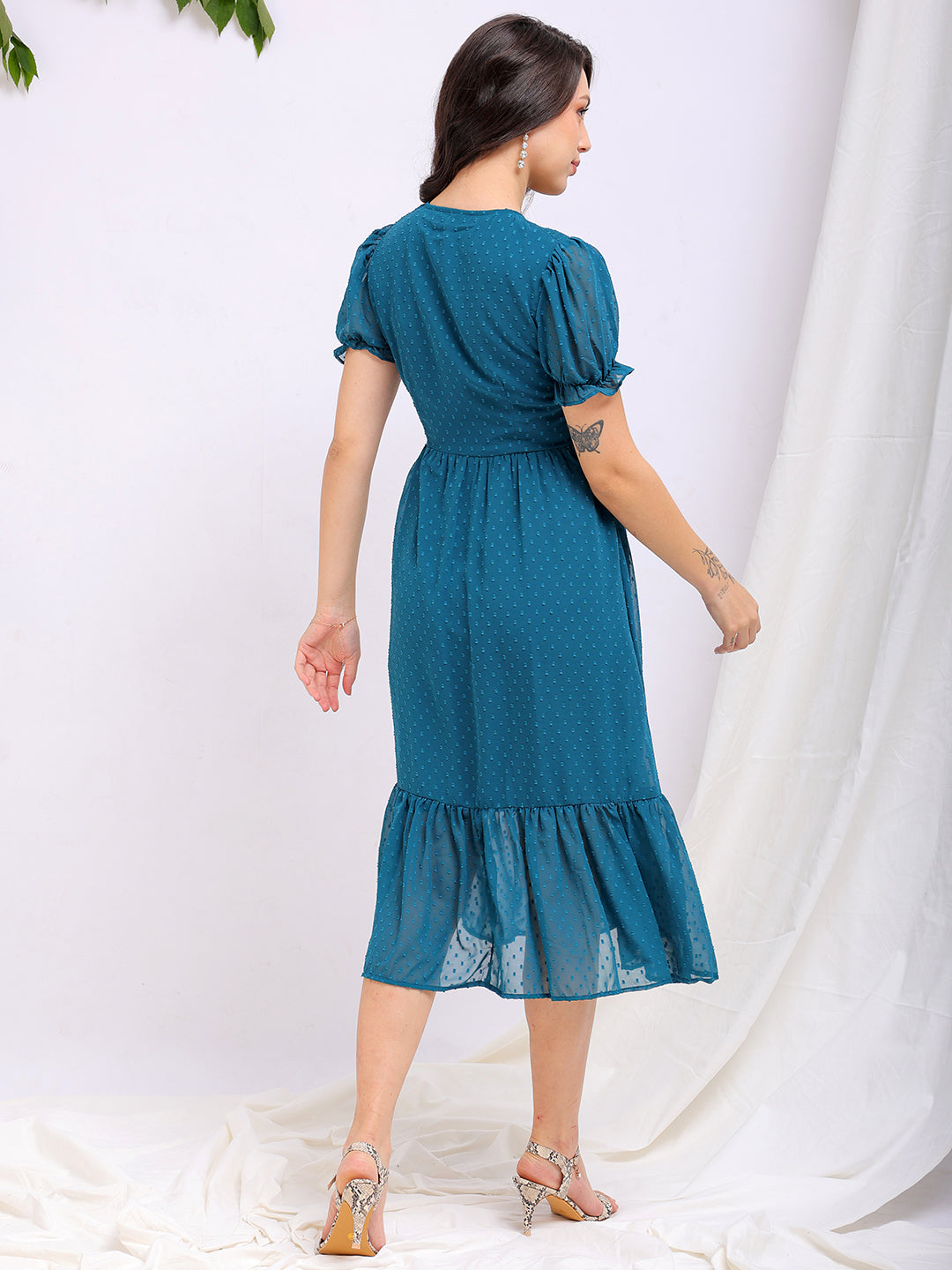 Shop Women's Teal Fit and Flare Textured V neck Tiered Dress Online.