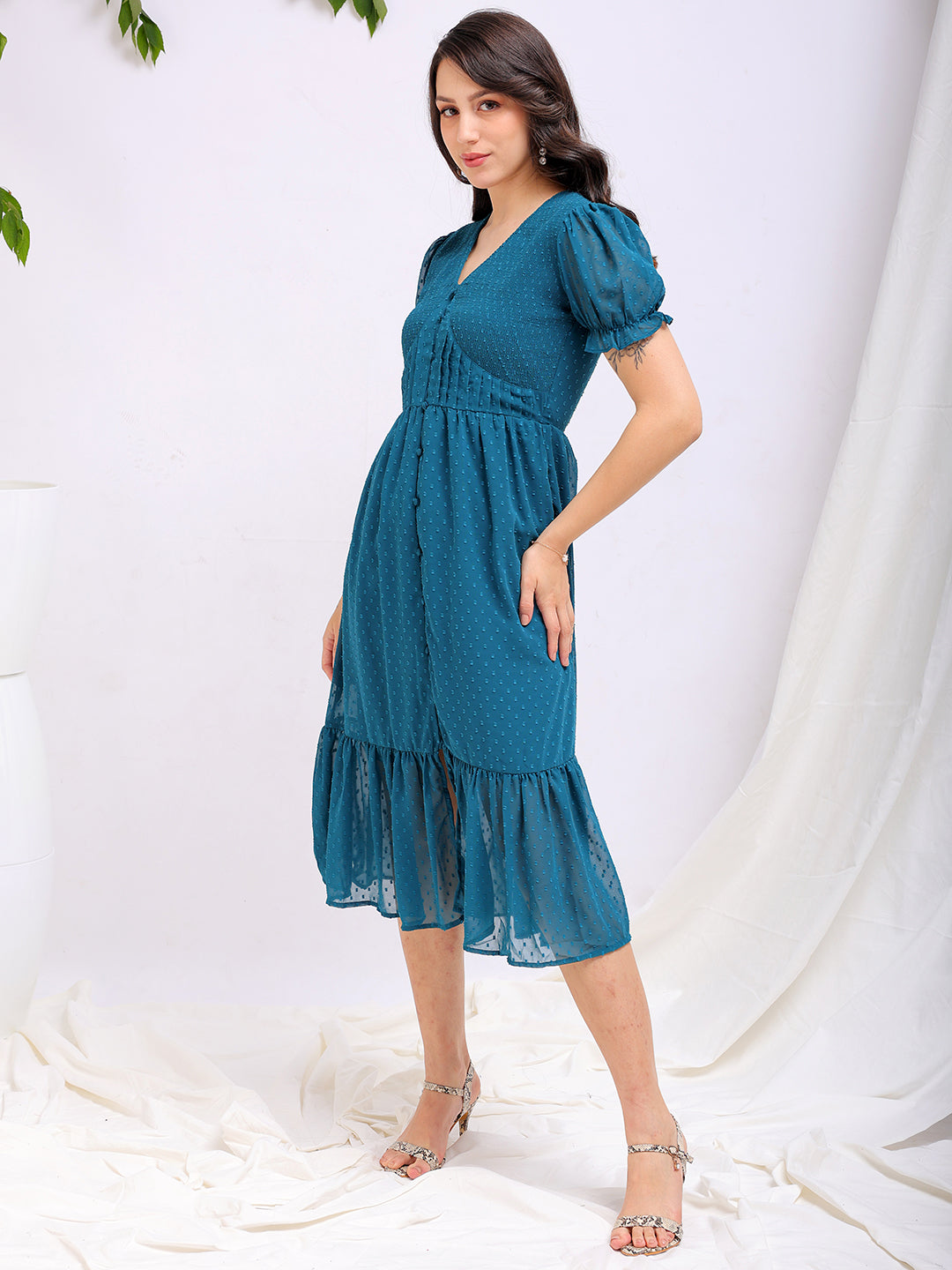 Shop Women's Teal Fit and Flare Textured V neck Tiered Dress Online.