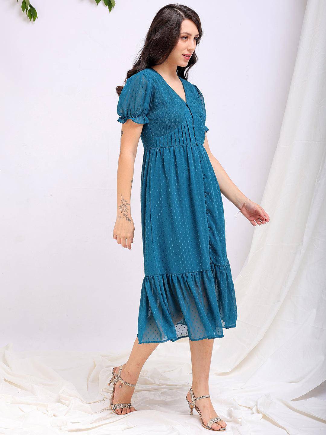 Shop Women's Teal Fit and Flare Textured V neck Tiered Dress Online.