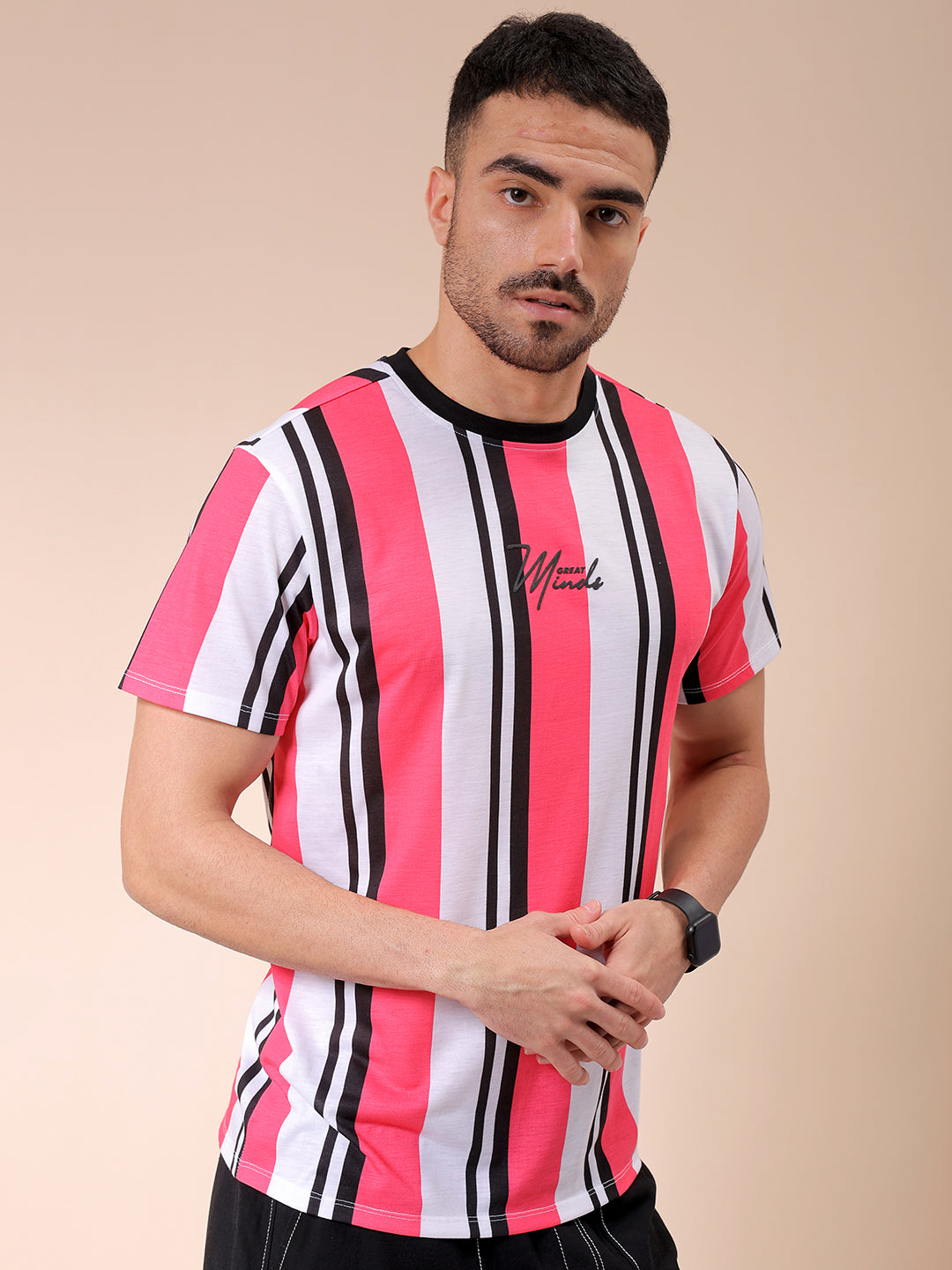 Men's Pink Slim Fit Striped T-Shirt