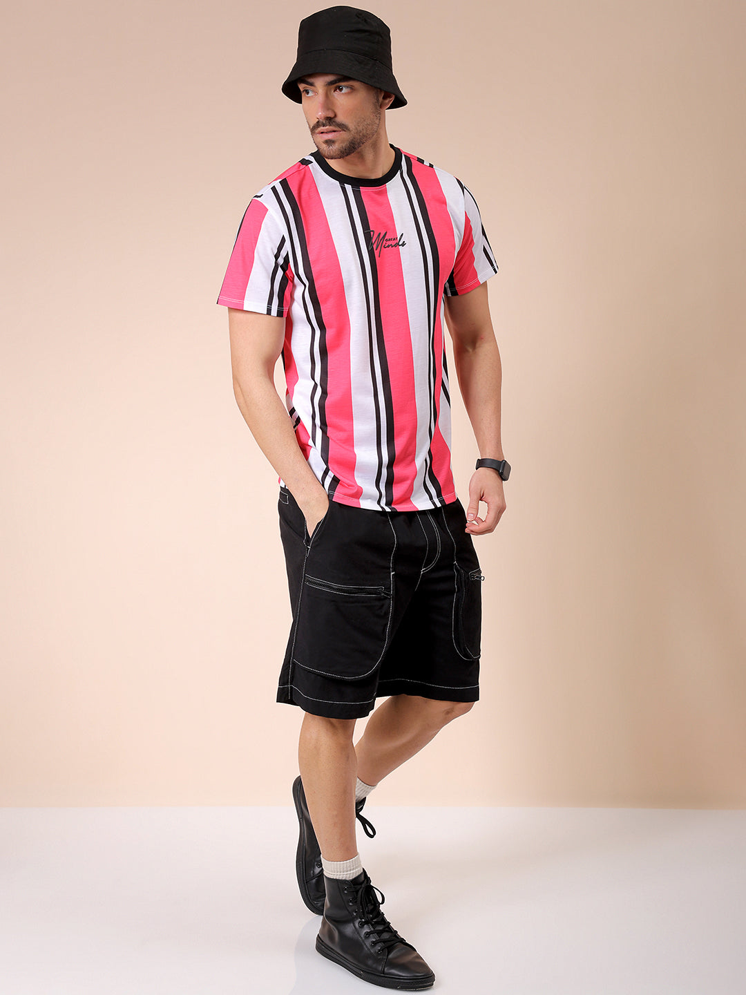 Men's Pink Slim Fit Striped T-Shirt