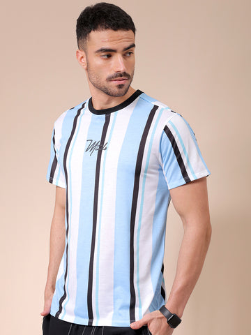 Men's Blue Slim Fit Striped Round Neck T-shirt