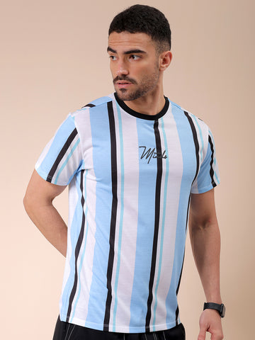 Men's Blue Slim Fit Striped Round Neck T-shirt