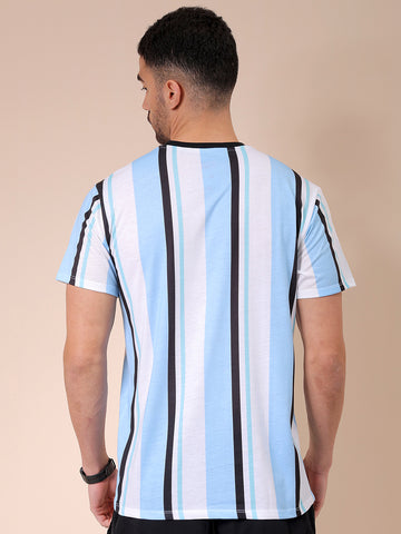 Men's Blue Slim Fit Striped Round Neck T-shirt