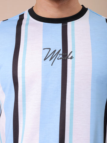 Men's Blue Slim Fit Striped Round Neck T-shirt