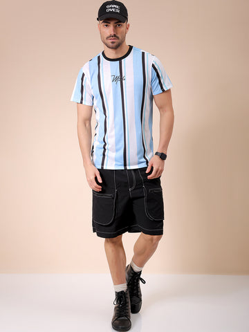 Men's Blue Slim Fit Striped Round Neck T-shirt