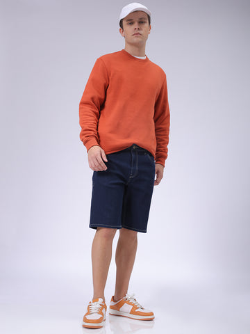 Men's Blue Slim Fit Solid Denim Shorts