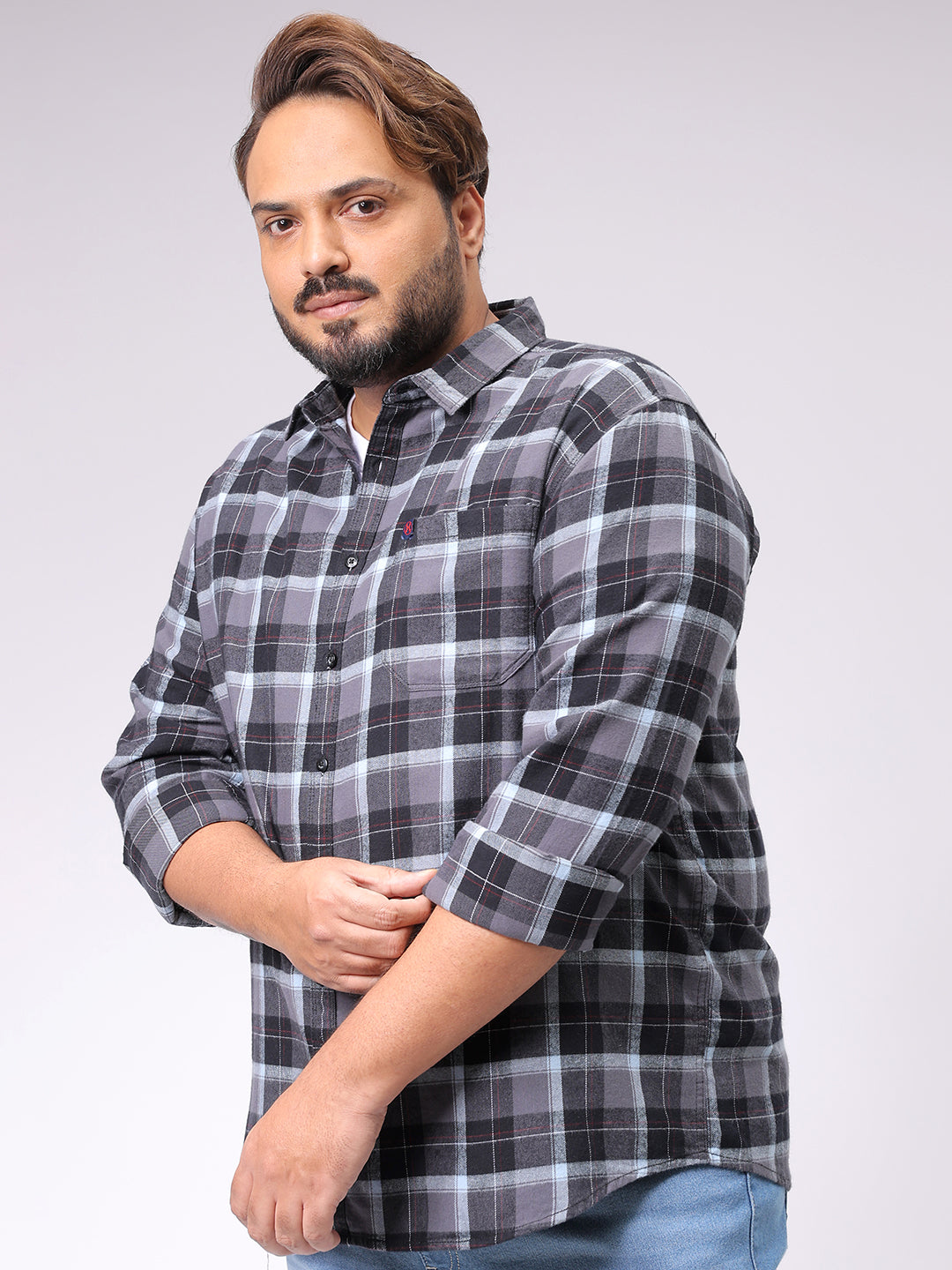 Men's Grey Regular Fit Checked Casual Shirt