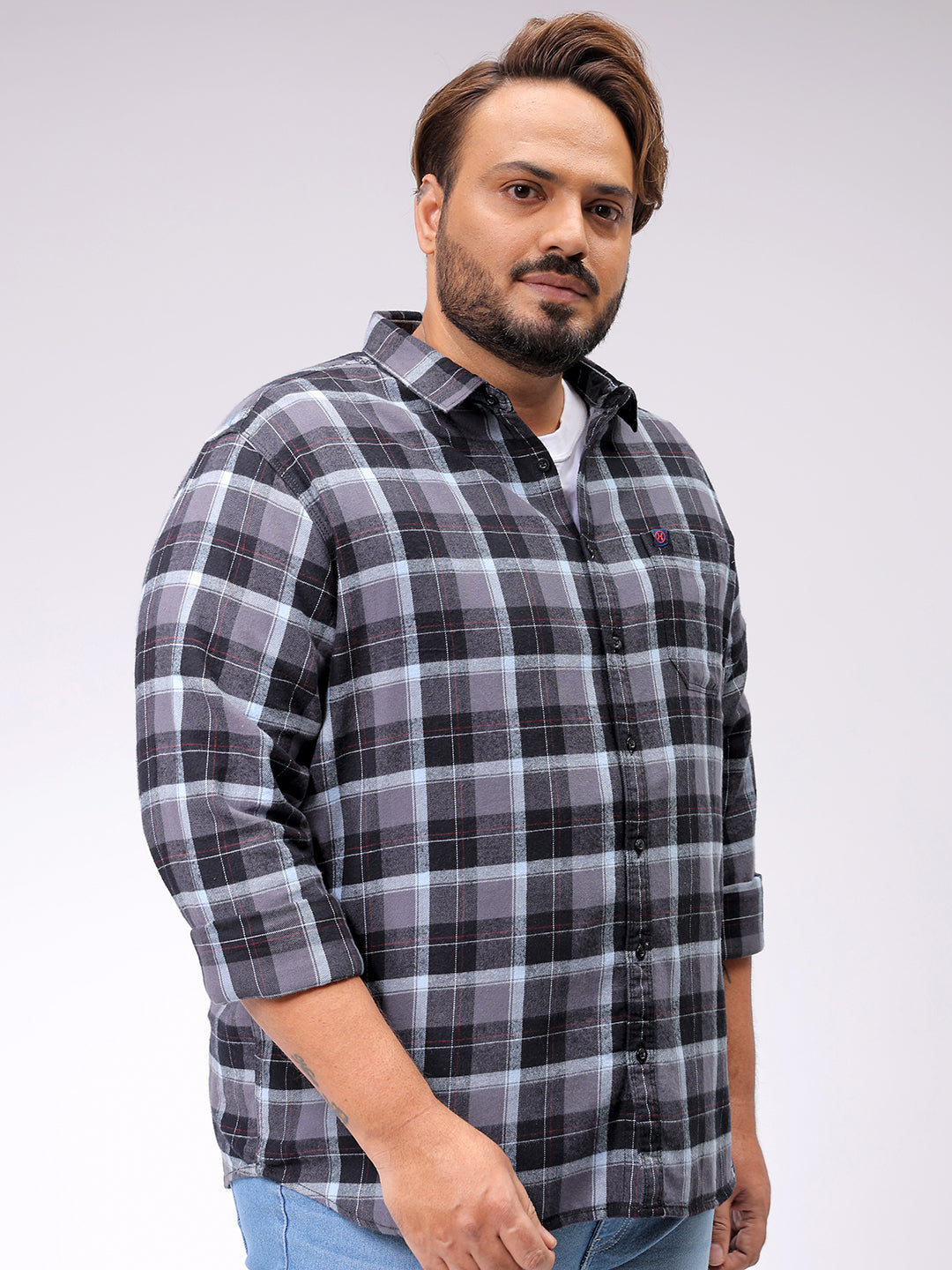 Men's Grey Regular Fit Checked Casual Shirt