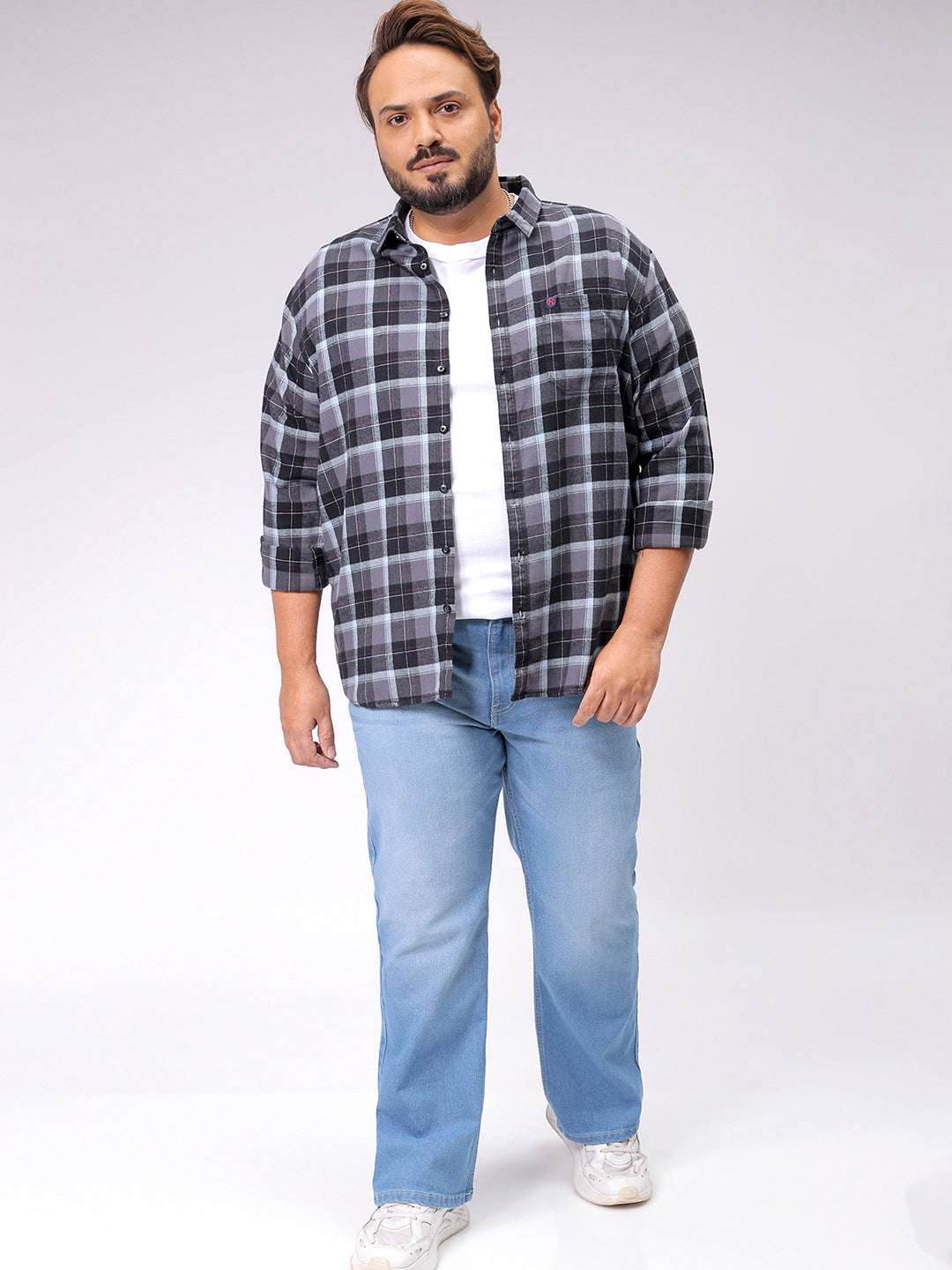 Men's Grey Regular Fit Checked Casual Shirt