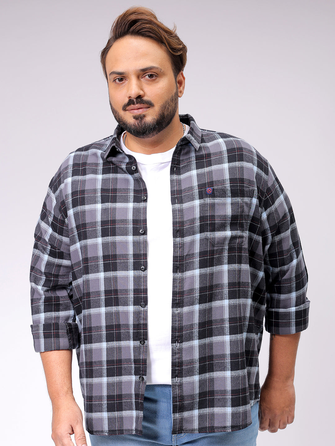 Men's Grey Regular Fit Checked Casual Shirt