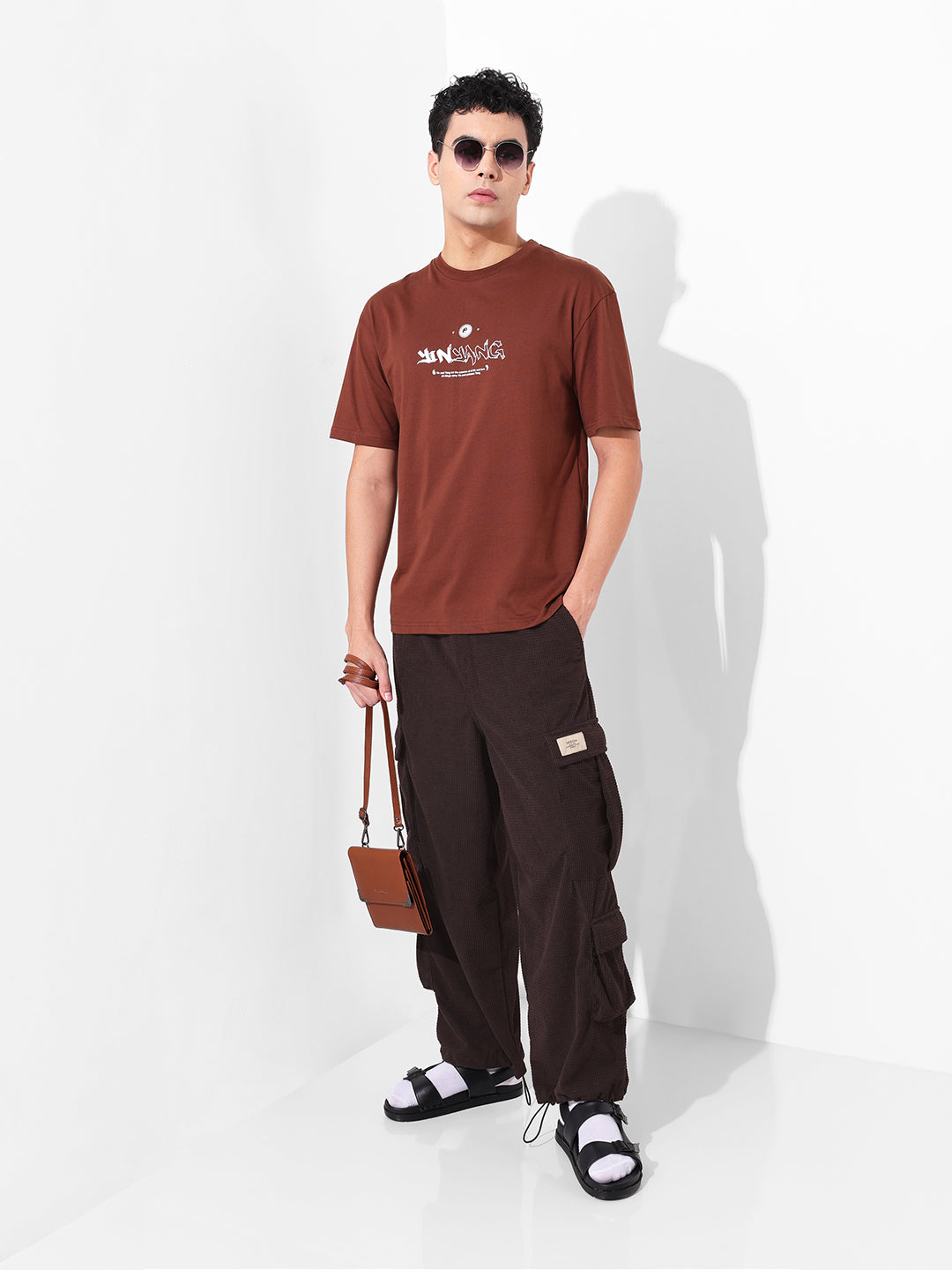 Men Wide Leg Fit Brown Cargo