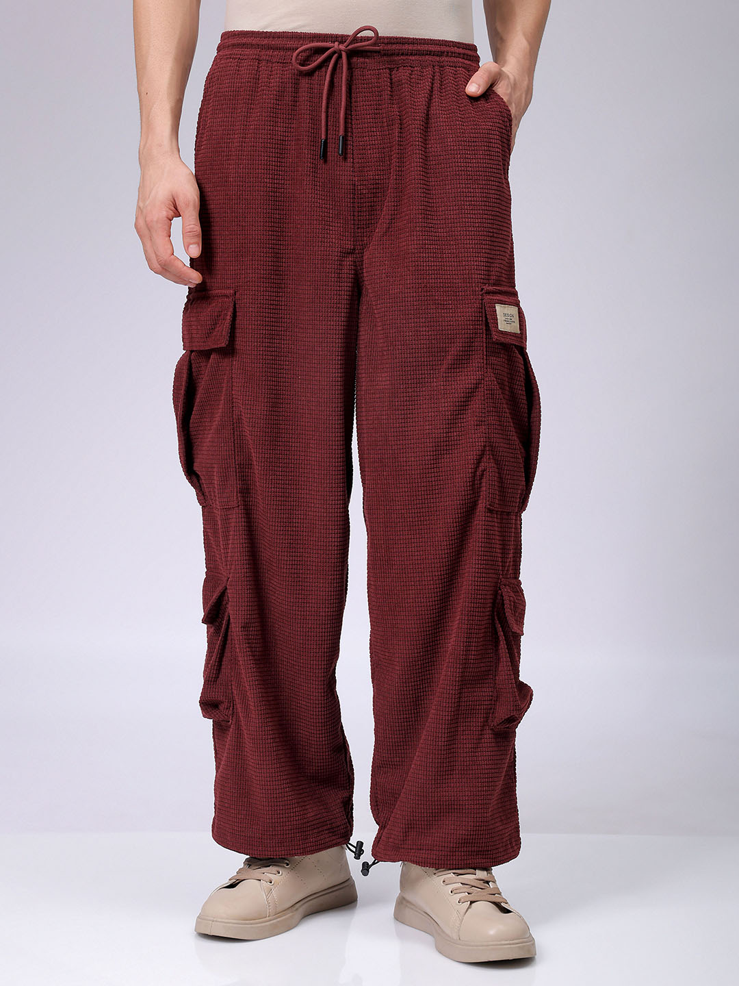 Men's Burgundy Loose Wide Leg Textured Mid-Rise Elasticated Cargo Joggers